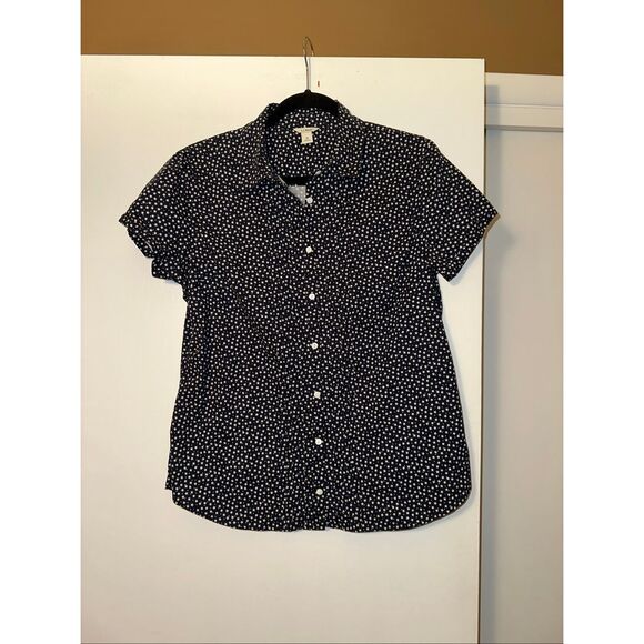 L.L. Bean Medium Short Sleeve Collared Button Down Shirt Navy White Star Pattern - Picture 1 of 10